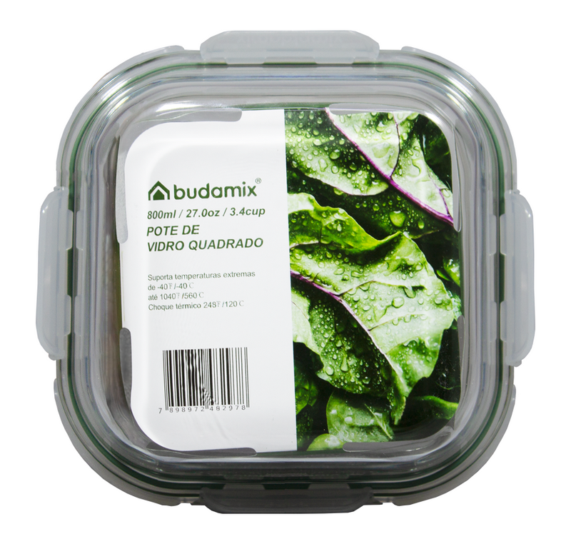 Pote de Vidro Hermético 800ml, vedação verde escuro - Budamix