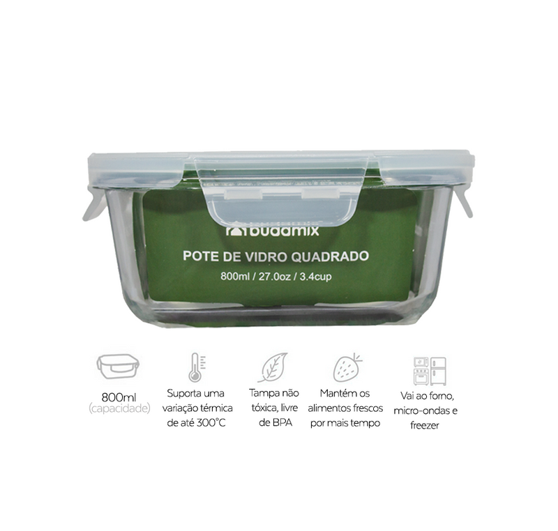 Pote de Vidro Hermético 800ml, vedação verde escuro - Budamix