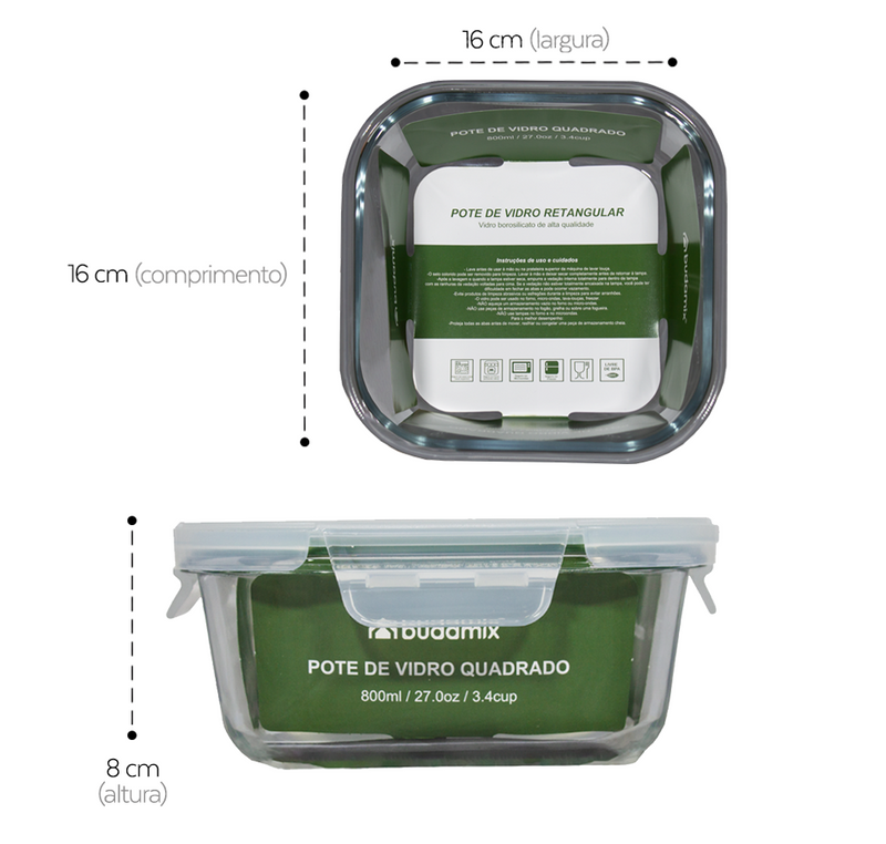 Pote de Vidro Hermético 800ml, vedação verde escuro - Budamix