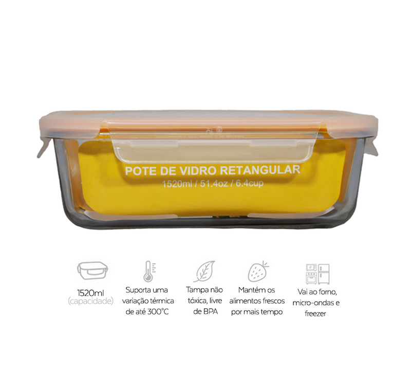 Pote de Vidro Hermético 1520ml, vedação laranja - Budamix