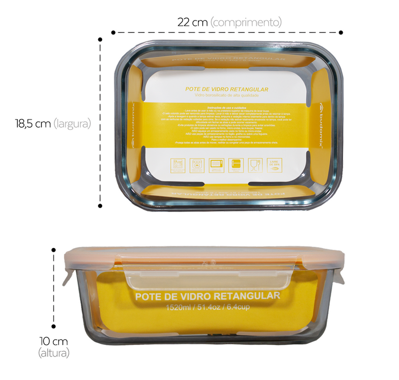 Pote de Vidro Hermético 1520ml, vedação laranja - Budamix