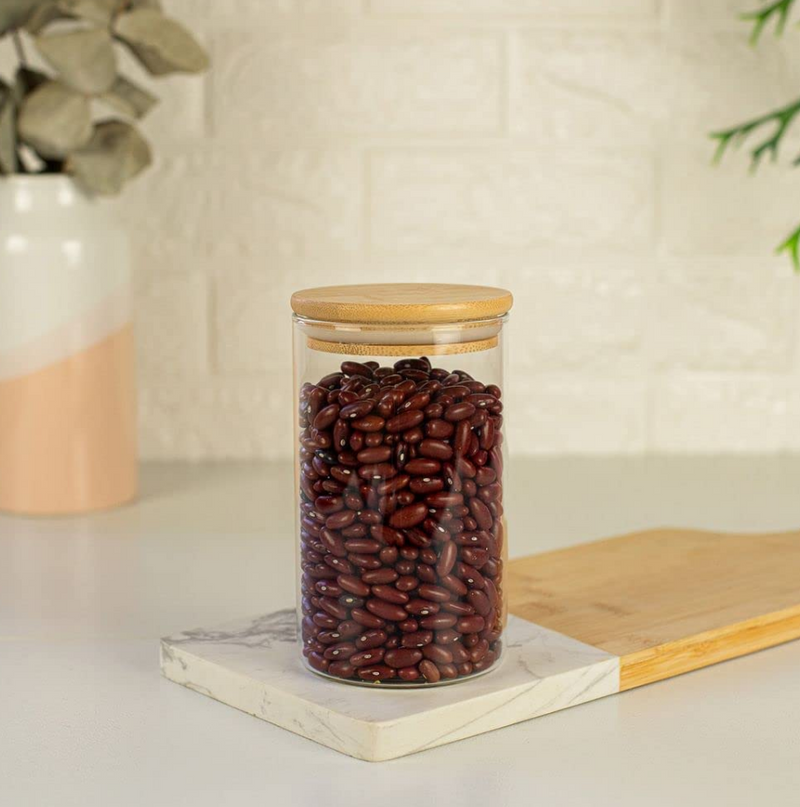 Pote Hermético Cilíndrico de Vidro com Tampa de Bambu 600ML