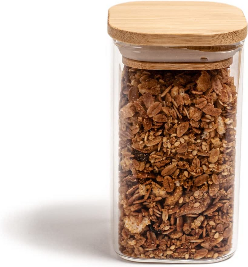 Pote Hermético Quadrado de Vidro com Tampa de Bambu 400ML