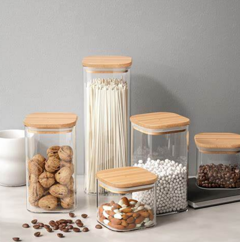 Pote Hermético Quadrado de Vidro com Tampa de Bambu 400ML