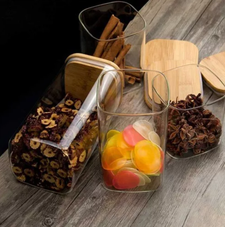 Pote Hermético Quadrado de Vidro com Tampa de Bambu 400ML