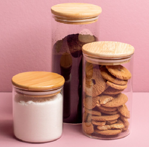 Pote Hermético Cilíndrico de Vidro com Tampa de Bambu 500ML