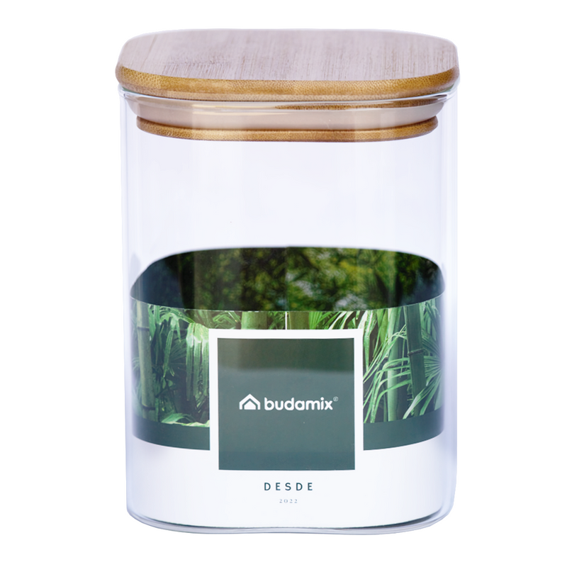 Pote Hermético Quadrado de Vidro com Tampa de Bambu 1000ML