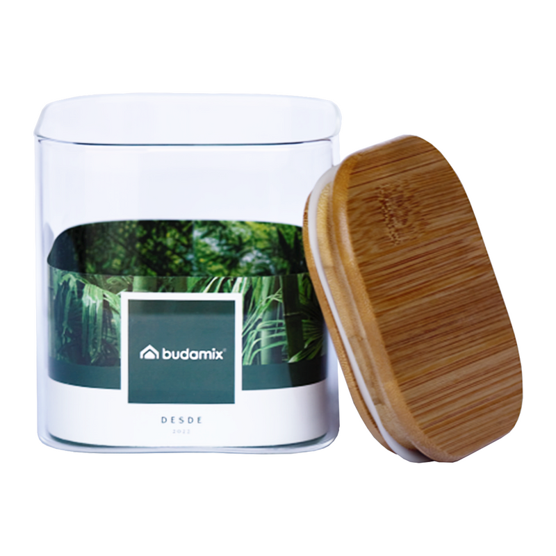 Pote Hermético Quadrado de Vidro com Tampa de Bambu 800ML