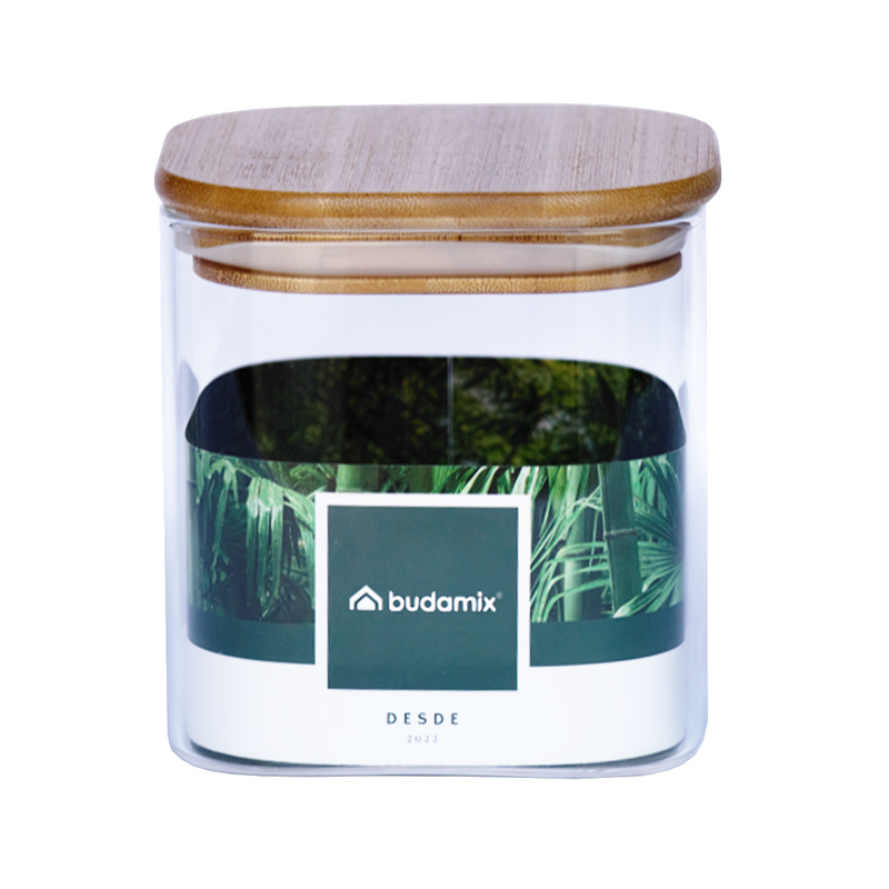 Pote Hermético Quadrado de Vidro com Tampa de Bambu 800ML